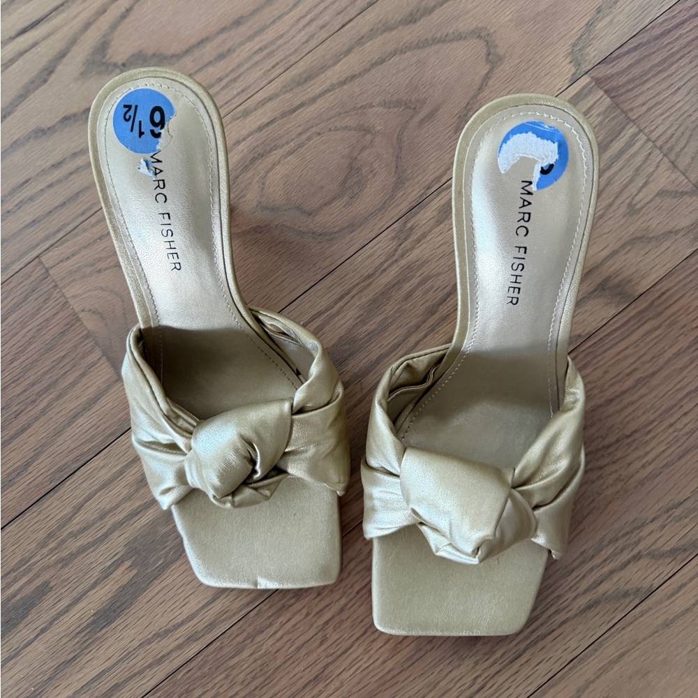Gold Knot Heel Mules Marc Fisher